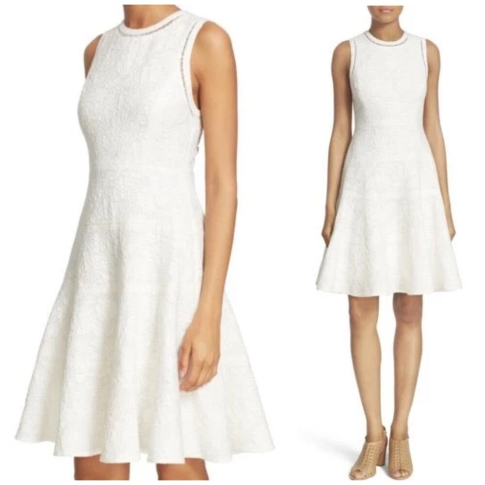 Rebecca Taylor Jacquard Knit Sleeveless White Tonal Floral Fit & Flare Dress 4